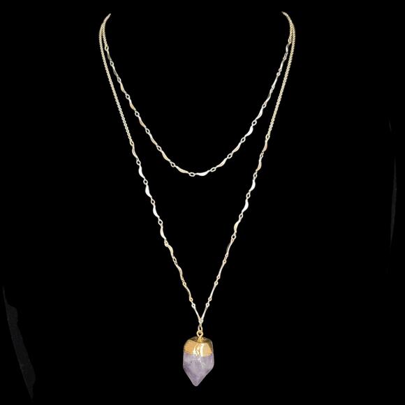 Express Faux Amethyst Necklace Double Strand Purple Raw Pendant‎ Gold-tone Boho - Picture 1 of 6